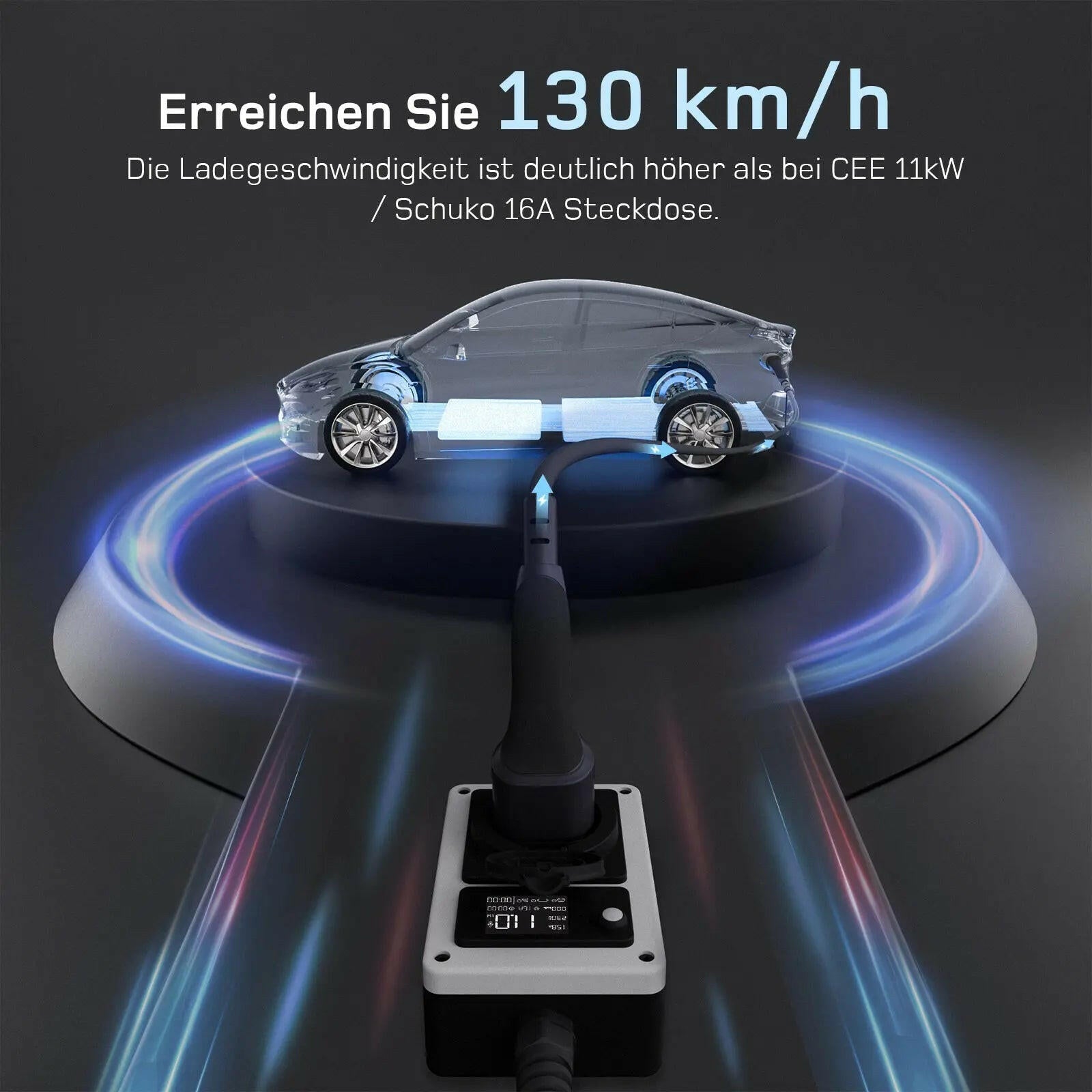 dé mobile Wallbox 11kW – Seitenansicht mit Kabelmanagement