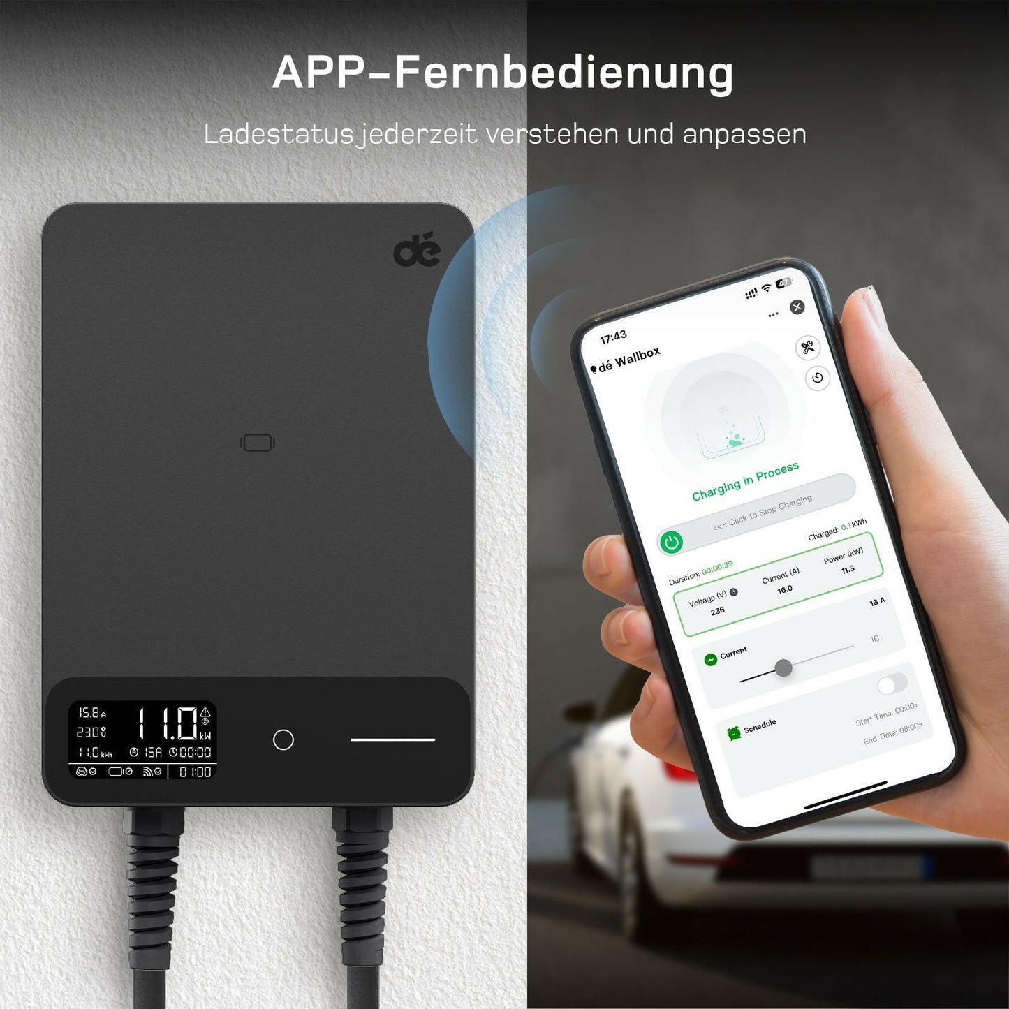 dé Wallbox 11 kW mit Echtzeit-Ladestatus und Fernzugriff