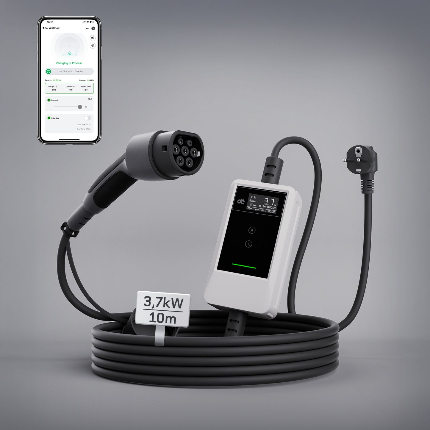 dé Ladekabel Typ 2 Schuko 3,7kW [7m, 6–16A] mit Kabelhalter & LCD Display – EV Ladegerät für Elektroauto & PHEV