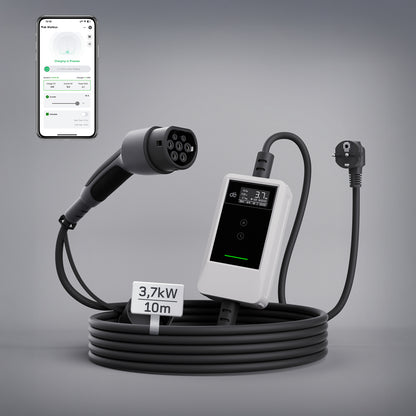 dé Ladekabel Typ 2 Schuko 3,7kW [7m, 6–16A] mit Kabelhalter & LCD Display – EV Ladegerät für Elektroauto & PHEV