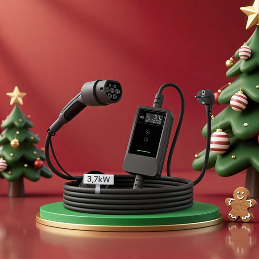 dé Ladekabel Typ 2 Schuko 3,7kW [7m, 6–16A] mit Kabelhalter & LCD Display – EV Ladegerät für Elektroauto & PHEV DE_dé