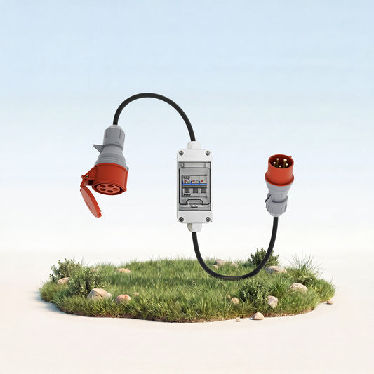 CEE-Adapter 32A Stecker auf 16A Kupplung mit Sicherungsautomat