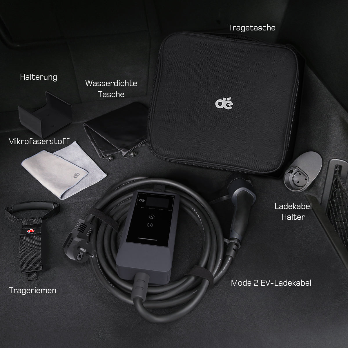 dé Ladekabel Typ 2 Schuko 3,7kW [7m, 6–16A] mit Kabelhalter & LCD Display – EV Ladegerät für Elektroauto & PHEV