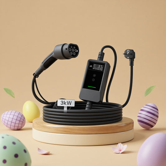 dé Ladekabel Typ 2 Schuko 3,7kW [7m, 6–16A] mit Kabelhalter & LCD Display – EV Ladegerät für Elektroauto & PHEV DE_dé