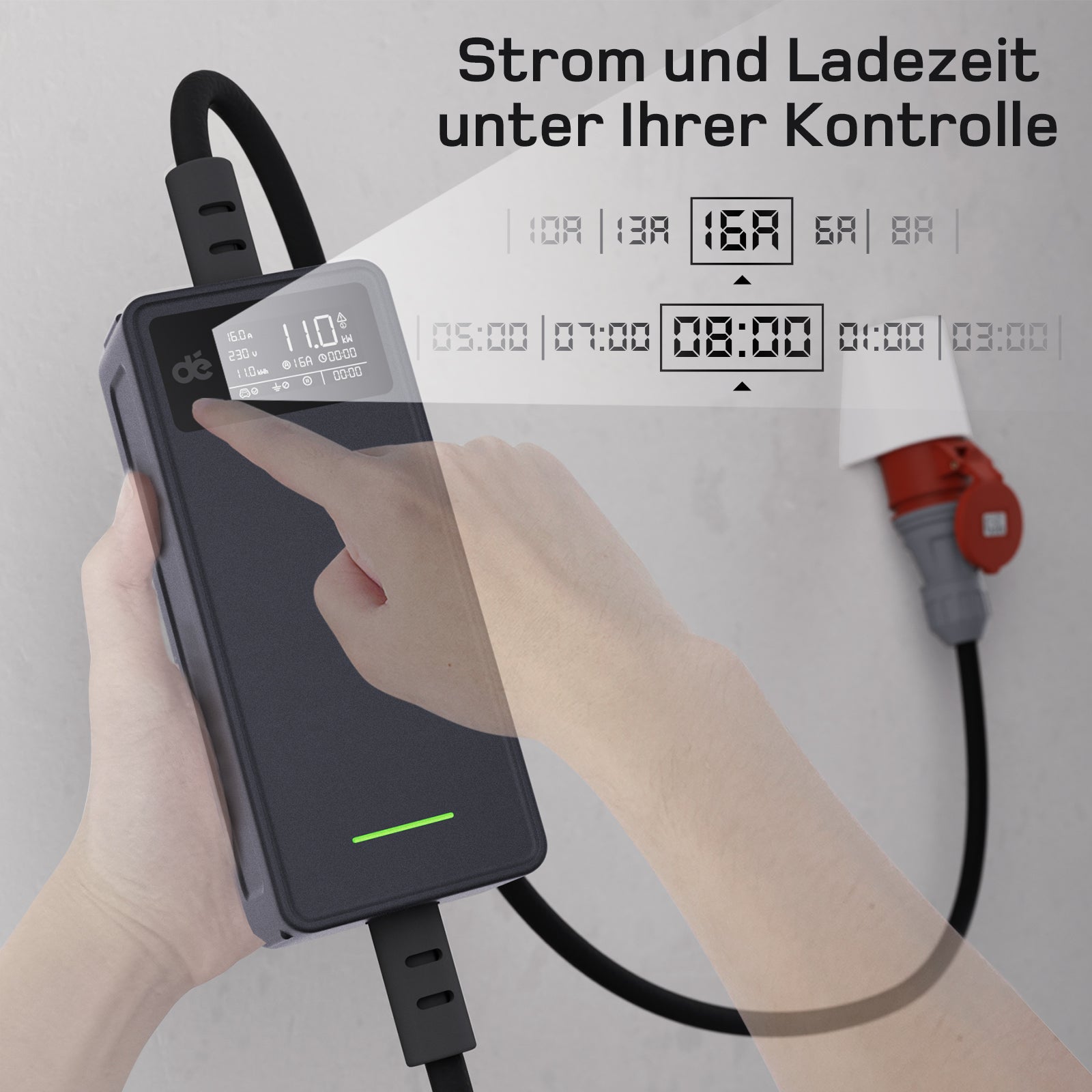 Bedienung von Ladegerät: Strom und Ladezeit kontrollieren