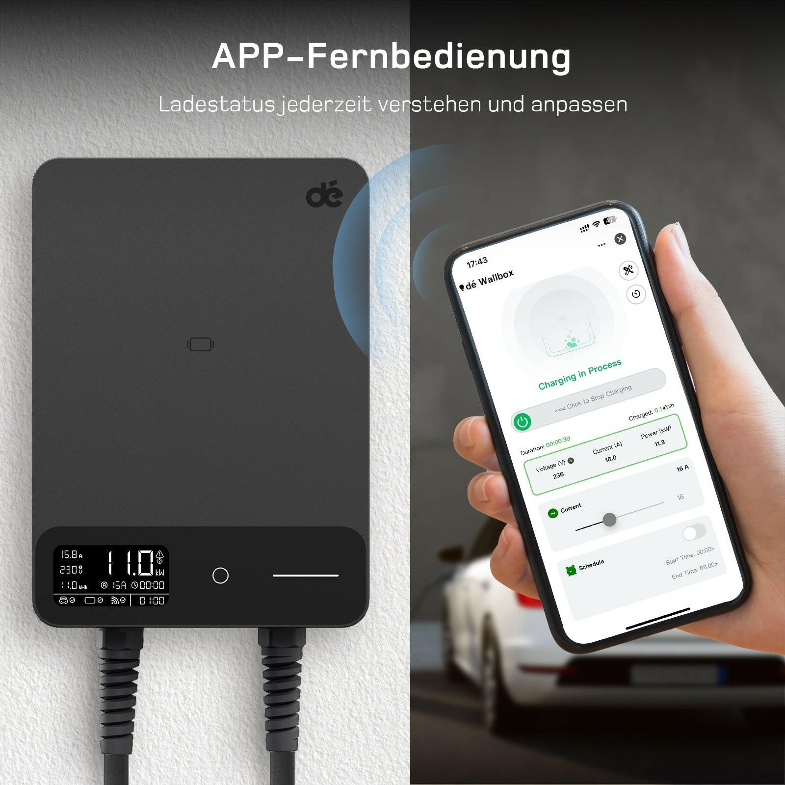 dé Wallbox 11 kW mit Echtzeit-Ladestatus und Fernzugriff