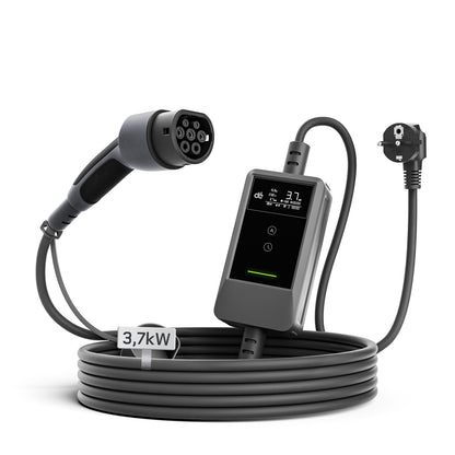 dé Ladekabel Typ 2 Schuko 3,7kW [7m, 6–16A] mit Kabelhalter & LCD Display – EV Ladegerät für Elektroauto & PHEV