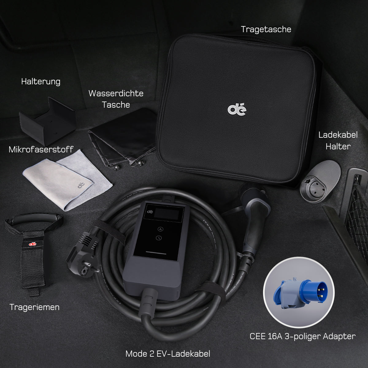 dé Ladekabel Typ 2 Schuko 3,7kW [7m, 6–16A] mit Kabelhalter & LCD Display – EV Ladegerät für Elektroauto & PHEV DE_dé