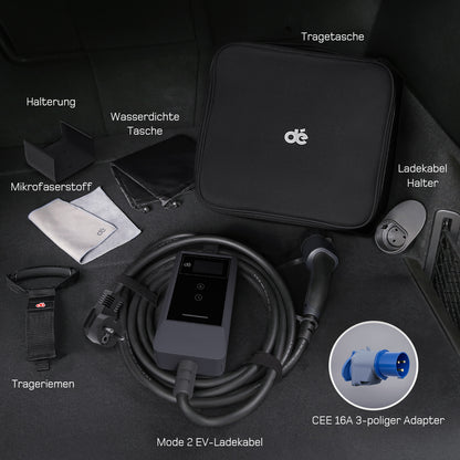 dé Ladekabel Typ 2 Schuko 3,7kW [7m, 6–16A] mit Kabelhalter & LCD Display – EV Ladegerät für Elektroauto & PHEV DE_dé