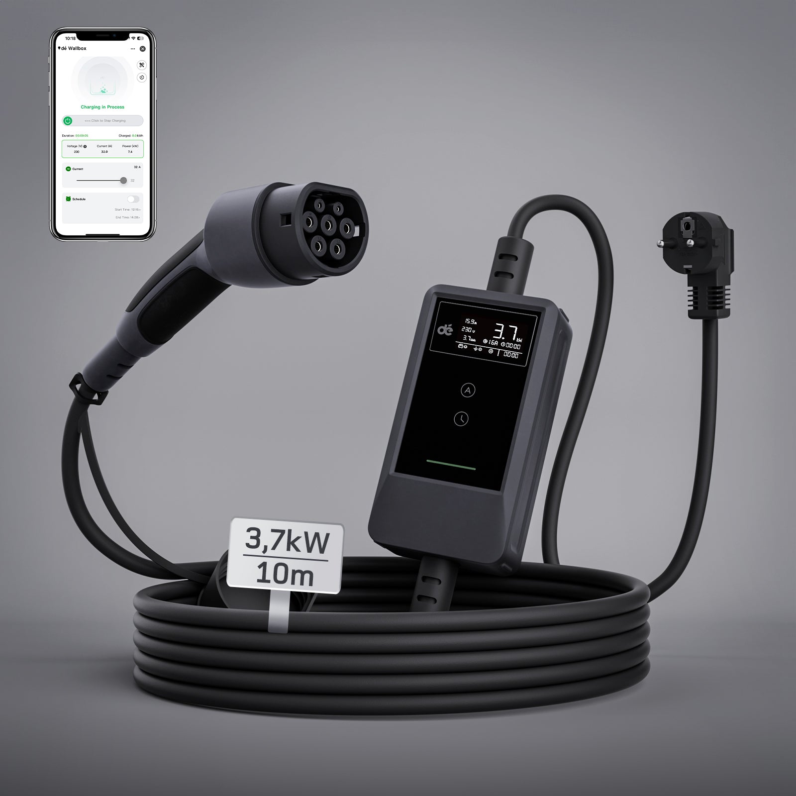 dé Ladekabel Typ 2 Schuko 3,7kW [7m, 6–16A] mit Kabelhalter & LCD Display – EV Ladegerät für Elektroauto & PHEV DE_dé