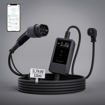 dé Ladekabel Typ 2 Schuko 3,7kW [7m, 6–16A] mit Kabelhalter & LCD Display – EV Ladegerät für Elektroauto & PHEV DE_dé