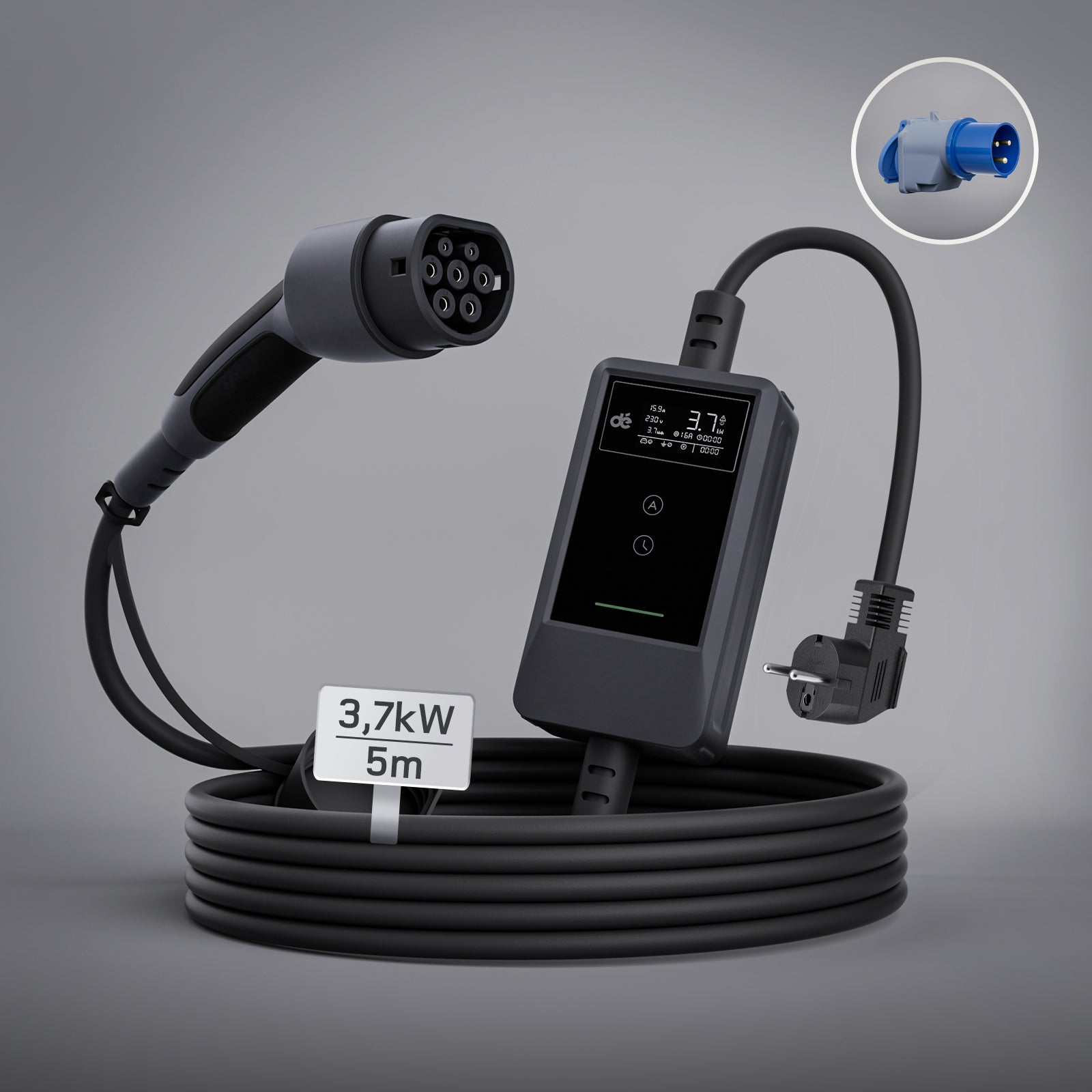 dé Ladekabel Typ 2 Schuko 3,7kW [7m, 6–16A] mit Kabelhalter & LCD Display – EV Ladegerät für Elektroauto & PHEV DE_dé