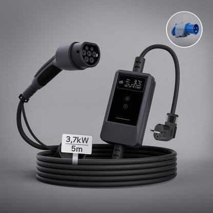 dé Ladekabel Typ 2 Schuko 3,7kW [7m, 6–16A] mit Kabelhalter & LCD Display – EV Ladegerät für Elektroauto & PHEV DE_dé