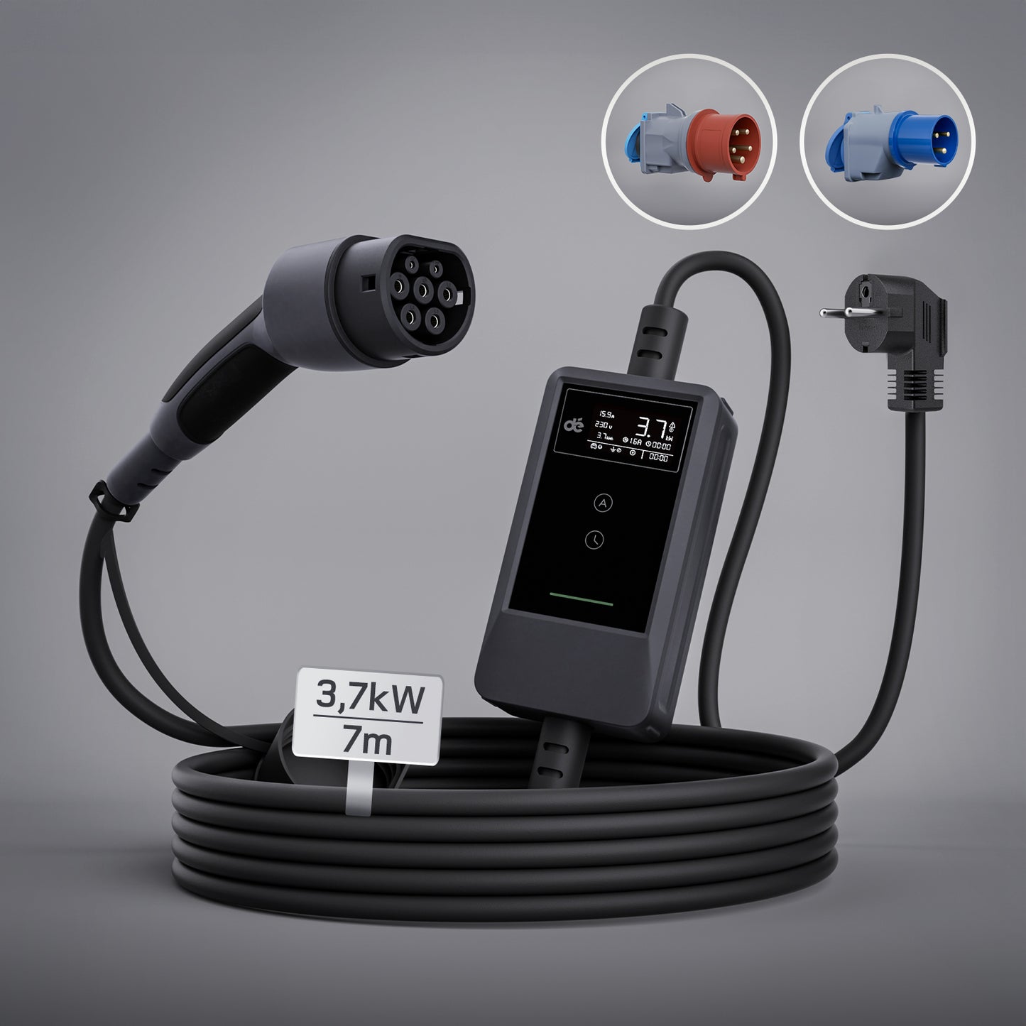 dé Ladekabel Typ 2 Schuko 3,7kW [7m, 6–16A] mit Kabelhalter & LCD Display – EV Ladegerät für Elektroauto & PHEV DE_dé