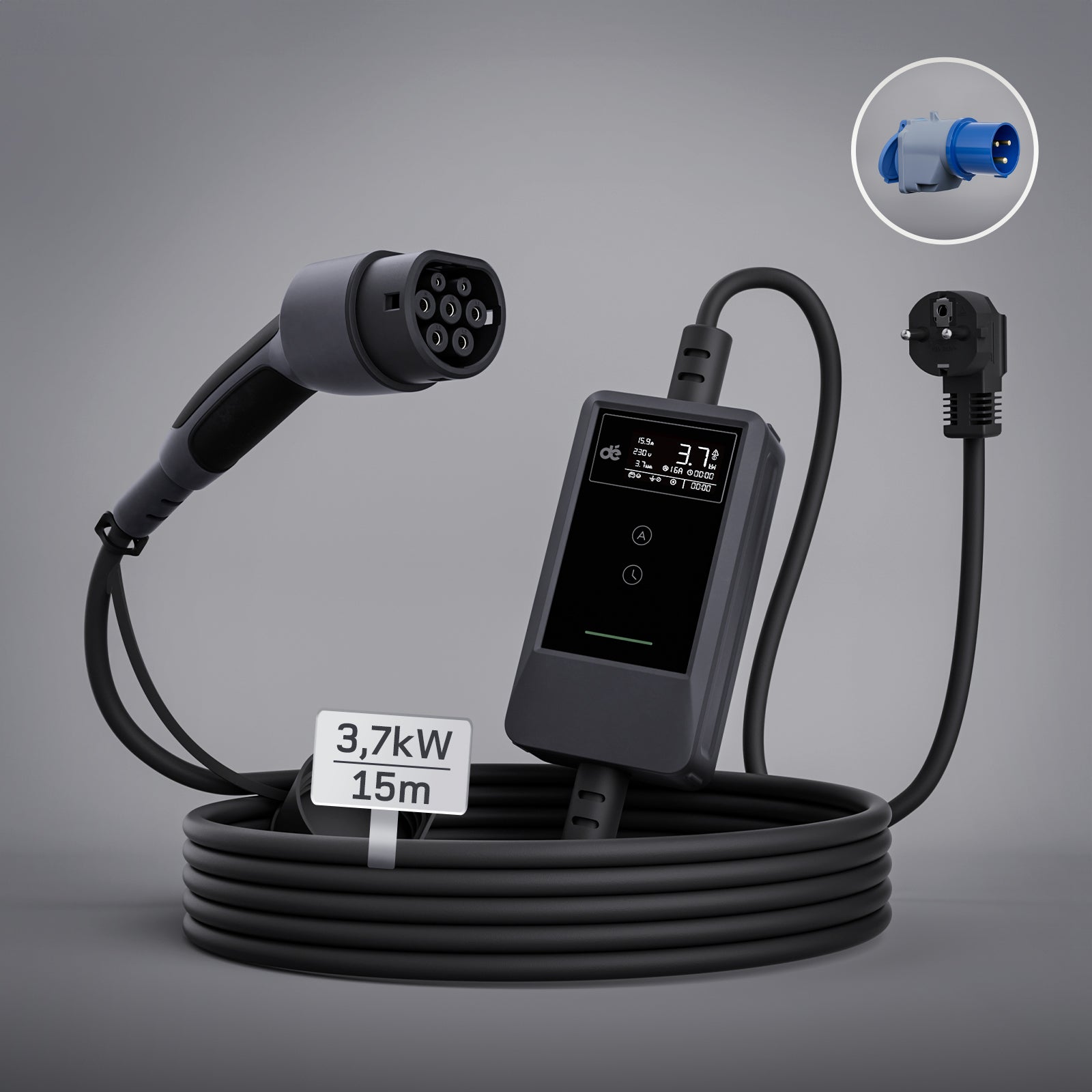 dé Ladekabel Typ 2 Schuko 3,7kW [7m, 6–16A] mit Kabelhalter & LCD Display – EV Ladegerät für Elektroauto & PHEV DE_dé