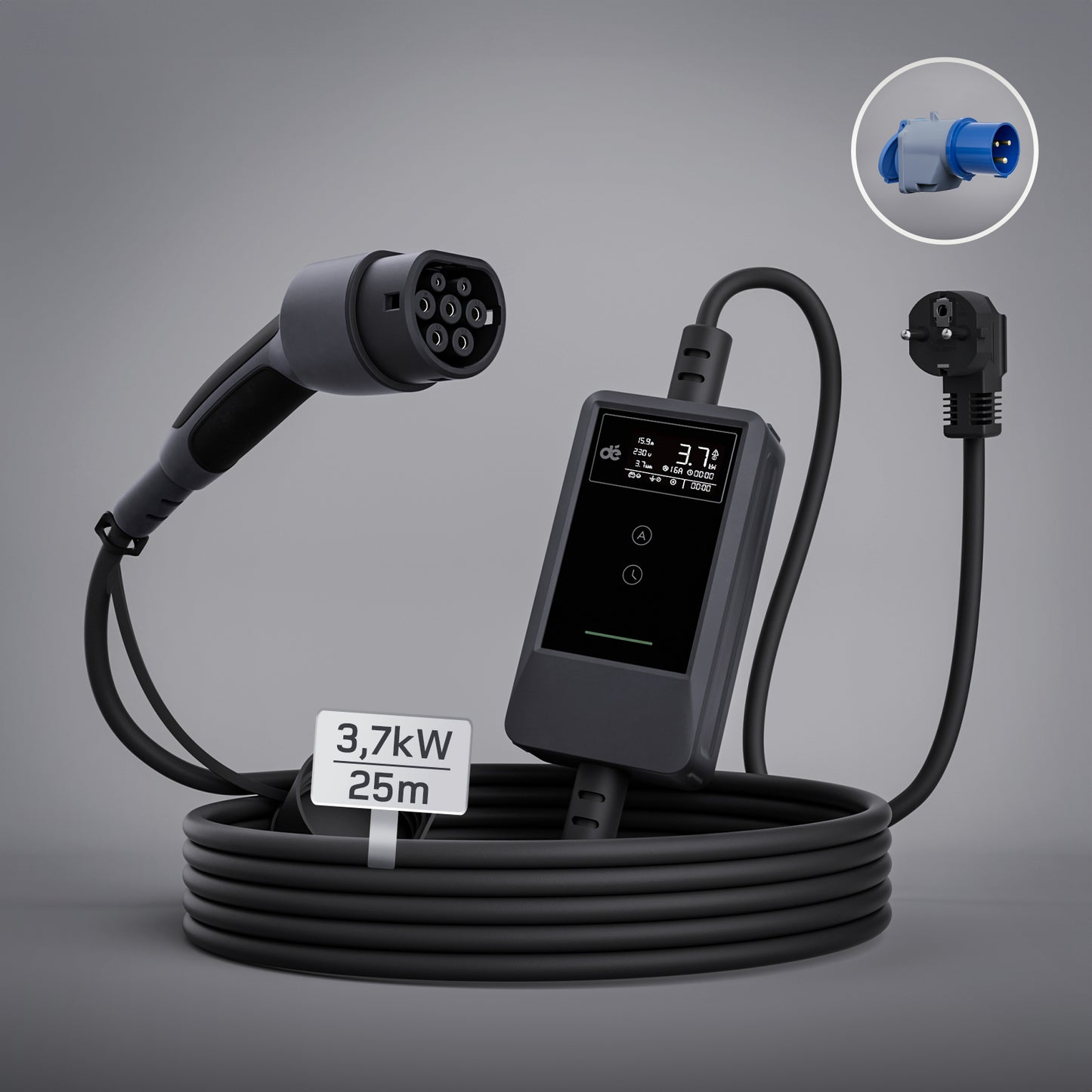 dé Ladekabel Typ 2 Schuko 3,7kW [7m, 6–16A] mit Kabelhalter & LCD Display – EV Ladegerät für Elektroauto & PHEV DE_dé