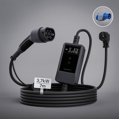 dé Ladekabel Typ 2 Schuko 3,7kW [7m, 6–16A] mit Kabelhalter & LCD Display – EV Ladegerät für Elektroauto & PHEV DE_dé