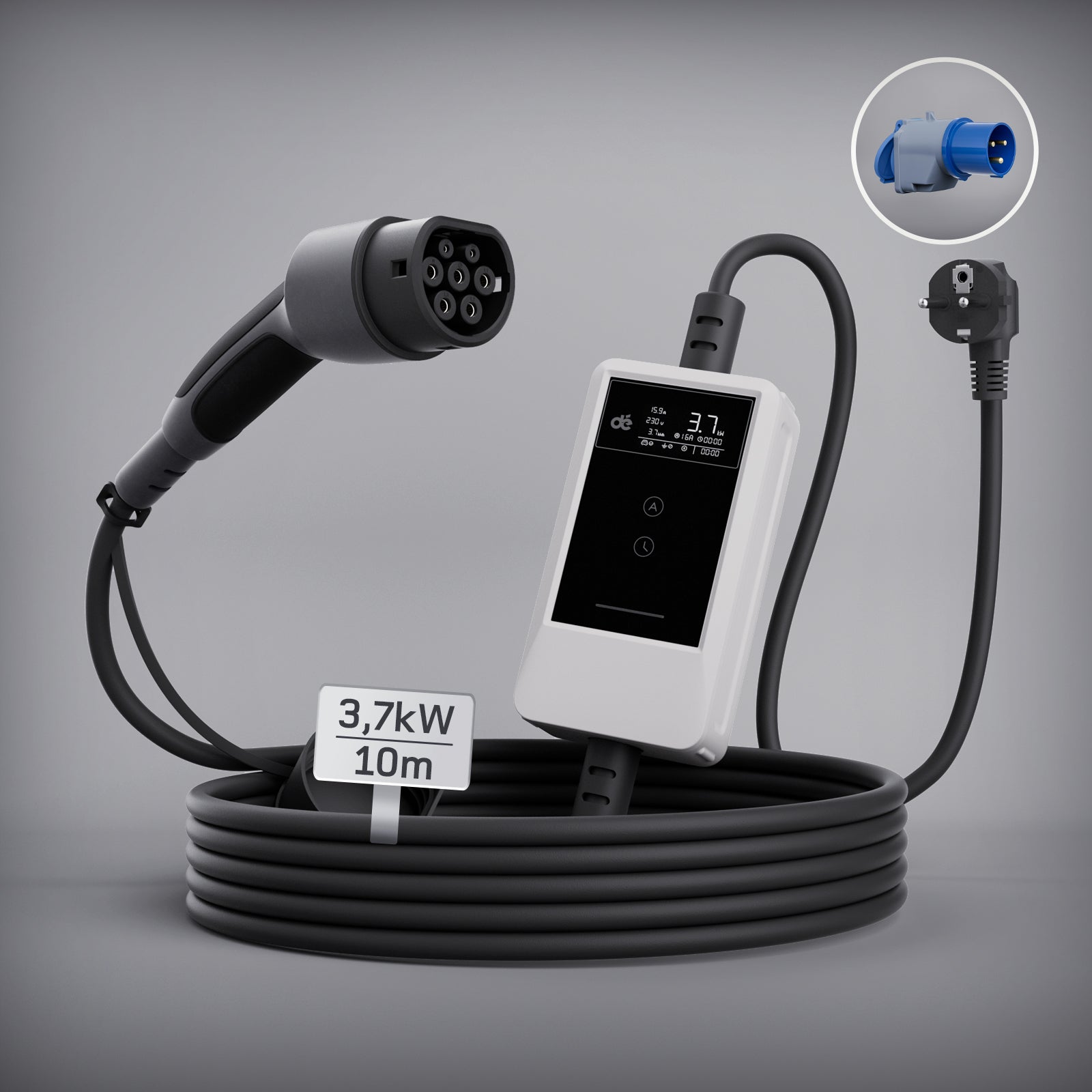 dé Ladekabel Typ 2 Schuko 3,7kW [7m, 6–16A] mit Kabelhalter & LCD Display – EV Ladegerät für Elektroauto & PHEV DE_dé