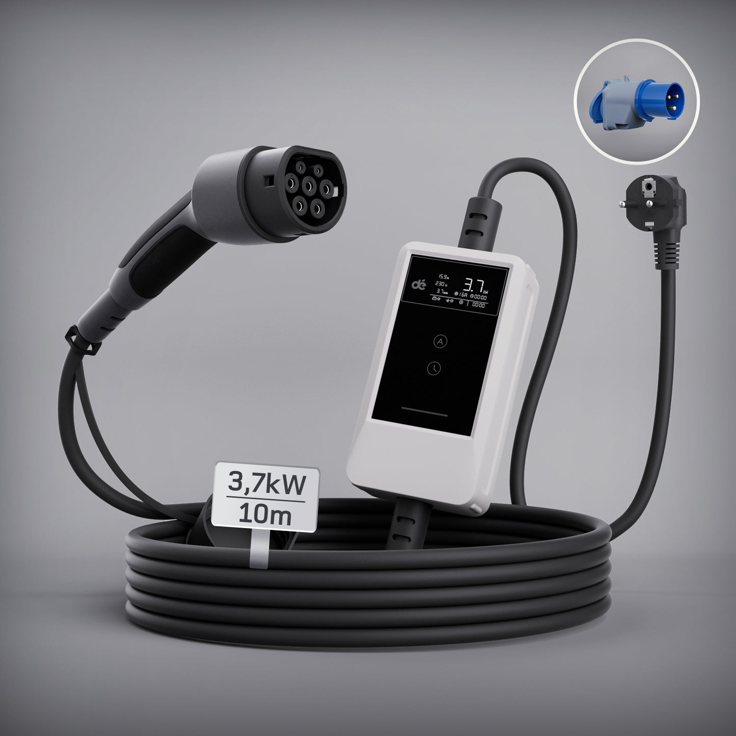 dé Ladekabel Typ 2 Schuko 3,7kW [7m, 6–16A] mit Kabelhalter & LCD Display – EV Ladegerät für Elektroauto & PHEV DE_dé
