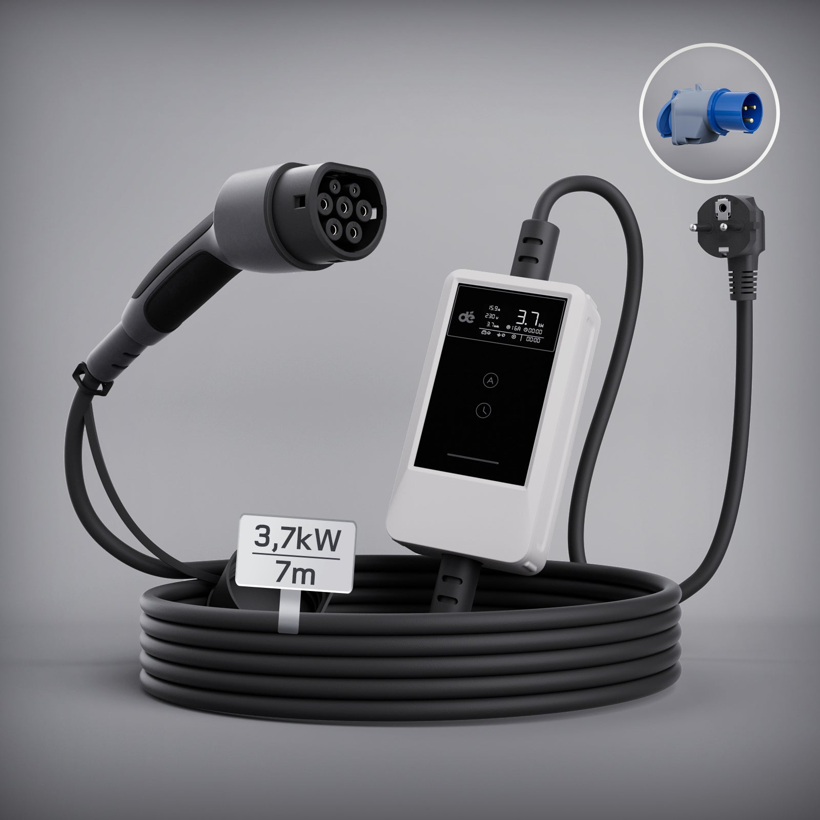 dé Ladekabel Typ 2 Schuko 3,7kW [7m, 6–16A] mit Kabelhalter & LCD Display – EV Ladegerät für Elektroauto & PHEV DE_dé