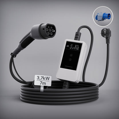 dé Ladekabel Typ 2 Schuko 3,7kW [7m, 6–16A] mit Kabelhalter & LCD Display – EV Ladegerät für Elektroauto & PHEV DE_dé