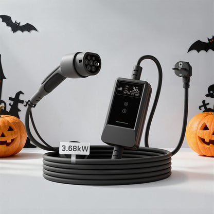 dé Ladekabel Typ 2 Schuko 3,7kW [7m, 6–16A] mit Kabelhalter & LCD Display – EV Ladegerät für Elektroauto & PHEV DE_dé