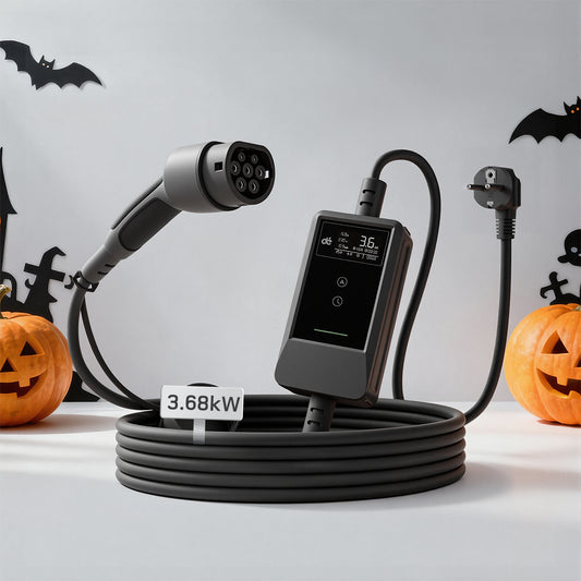 dé Ladekabel Typ 2 Schuko 3,7kW [7m, 6–16A] mit Kabelhalter & LCD Display – EV Ladegerät für Elektroauto & PHEV DE_dé